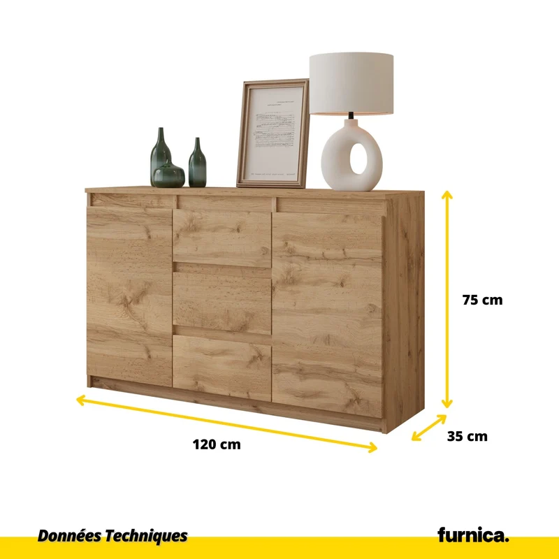 MIKEL - Commode 3 Tiroirs et 2 Portes - Armoire de Rangement pour Couloir / Chambre à Coucher - Buffet - H75cm L120cm P35cm (Chêne Wotan)