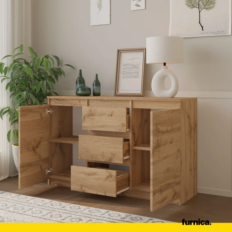 MIKEL - Commode 3 Tiroirs et 2 Portes - Armoire de Rangement pour Couloir / Chambre à Coucher - Buffet - H75cm L120cm P35cm (Chêne Wotan)