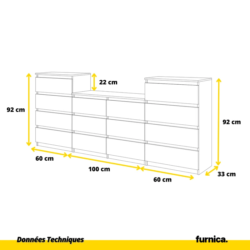 GABRIEL - Commode 14 Tiroirs (4+6+4) - H92cm L220cm P33cm (Anthracite / Blanc Mat)