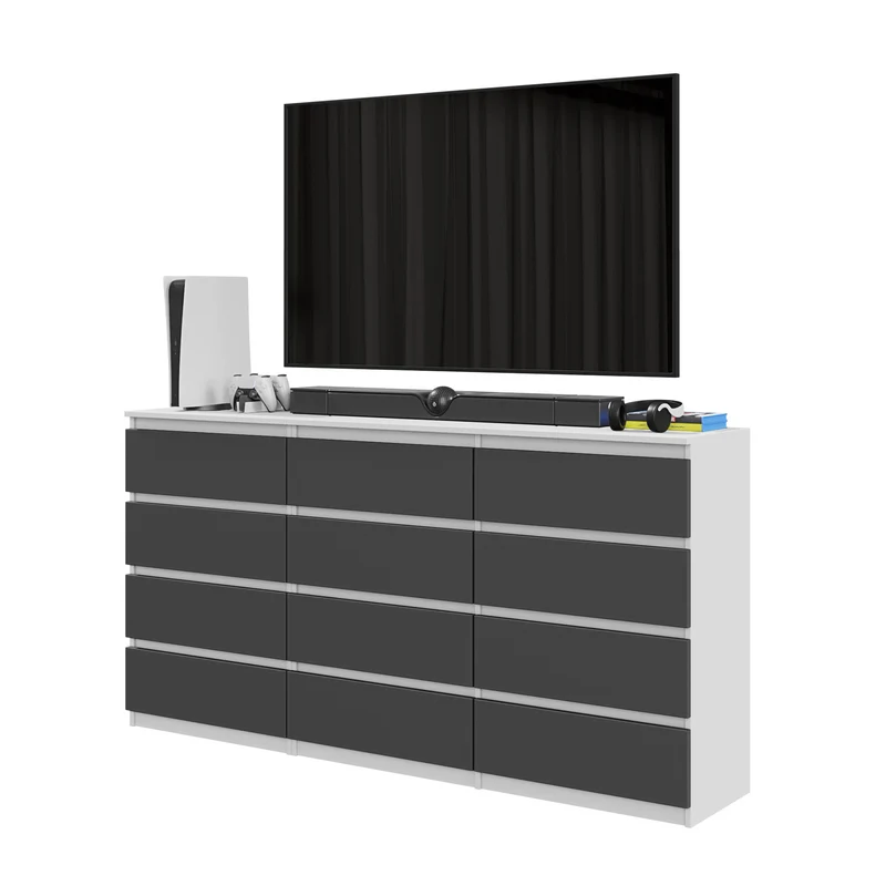 GABRIEL - Commode 12 Tiroirs (8+4) - H92cm L180cm P33cm (Blanc Mat / Anthracite)