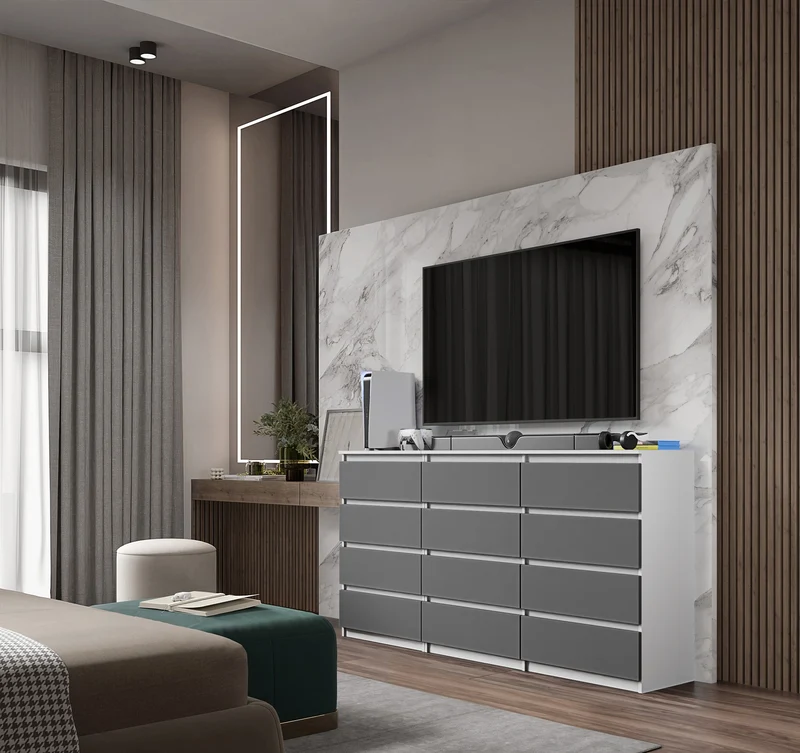 GABRIEL - Commode 12 Tiroirs (8+4) - H92cm L180cm P33cm (Blanc Mat / Anthracite)
