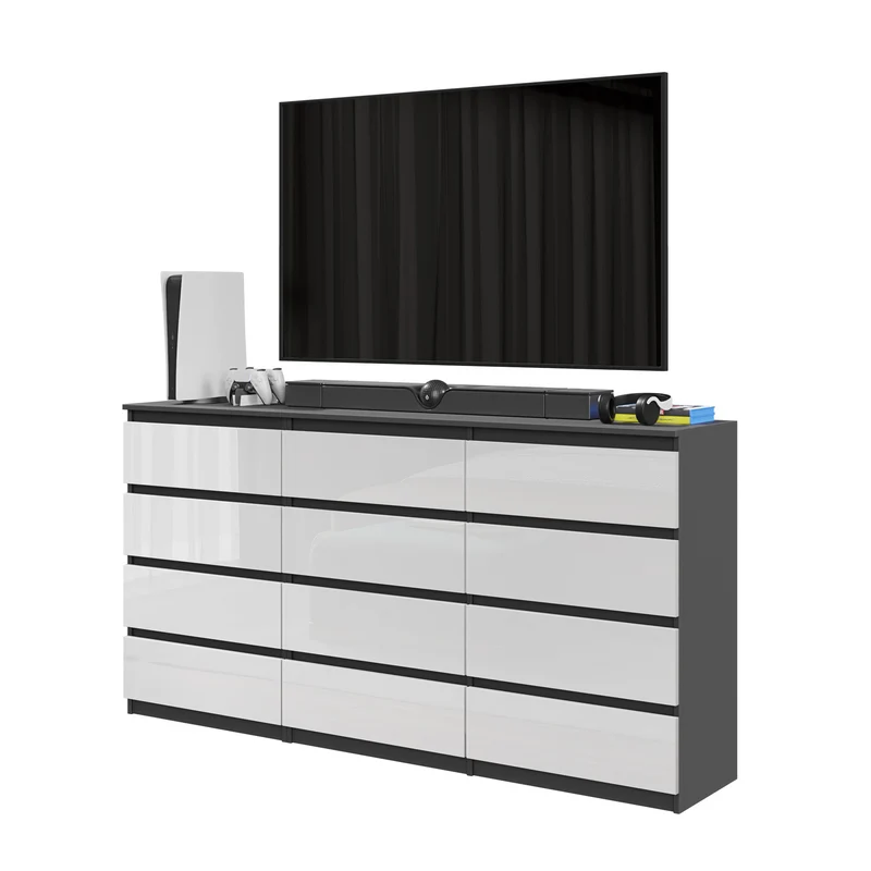 GABRIEL - Commode 12 Tiroirs (8+4) - H92cm L180cm P33cm (Anthracite / Blanc Brillant)