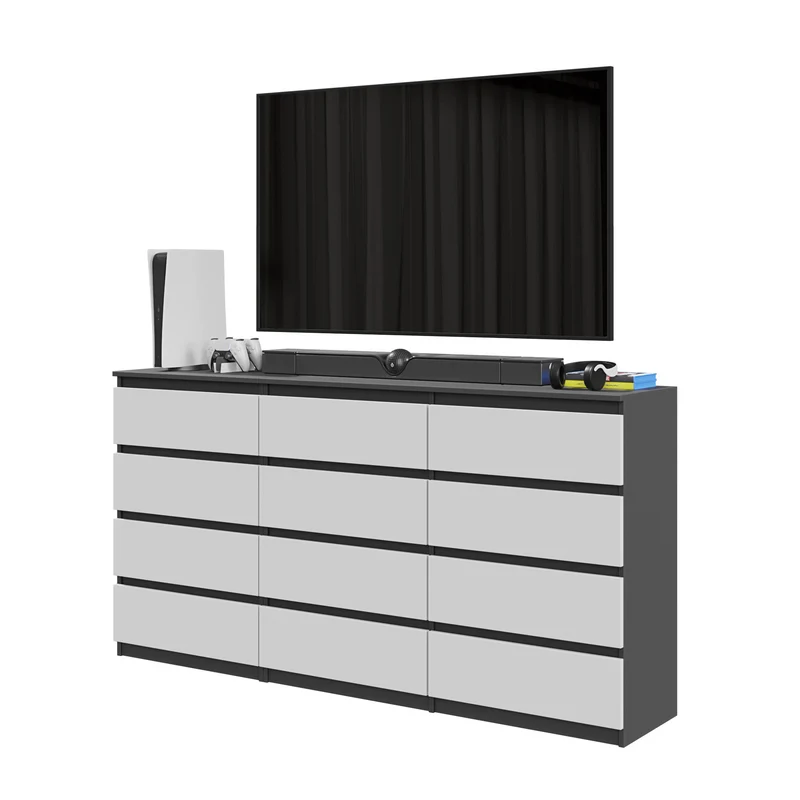 GABRIEL - Commode 12 Tiroirs (8+4) - H92cm L180cm P33cm (Anthracite / Blanc Mat)
