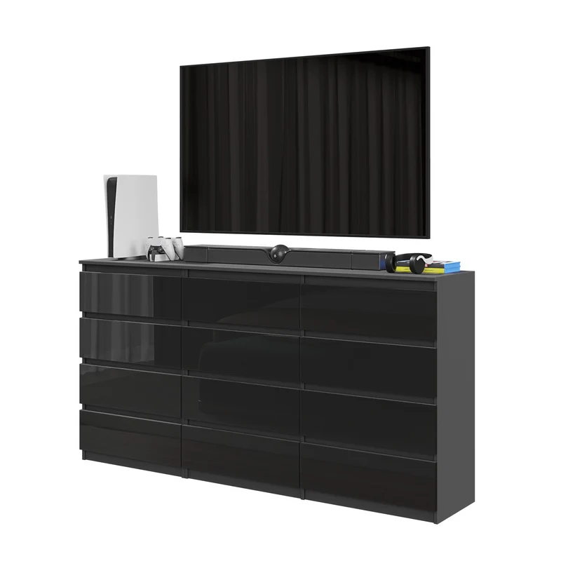 GABRIEL - Commode 12 Tiroirs (8+4) - H92cm L180cm P33cm (Anthracite / Noir Brillant)