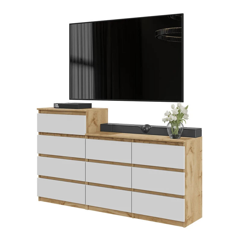 GABRIEL - Commode 10 Tiroirs (6+4) - H92/70 cm L160 cm P33 cm (Chêne Wotan / Blanc Mat)