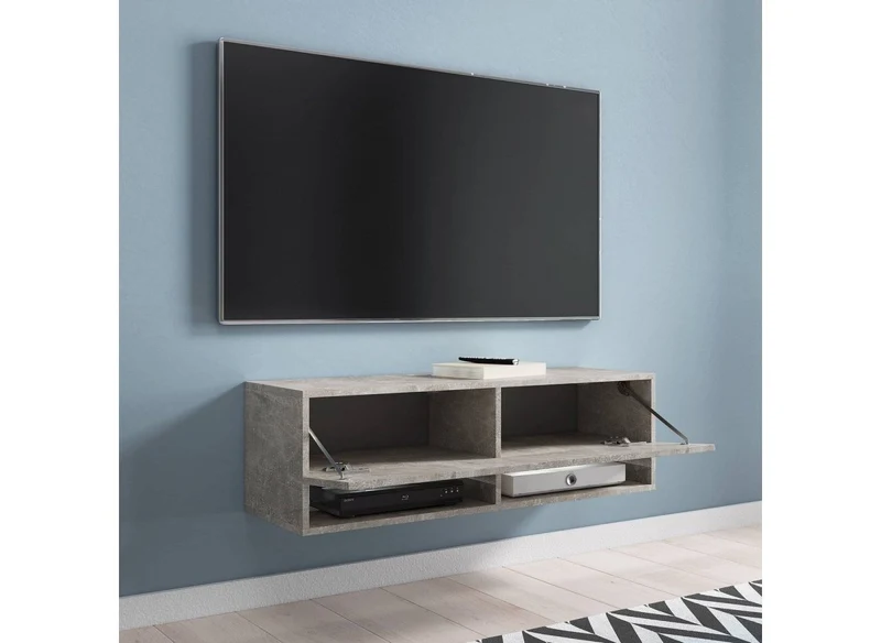 Meuble TV suspendu 1 porte 2 niches gris béton ROMANE - 100 cm