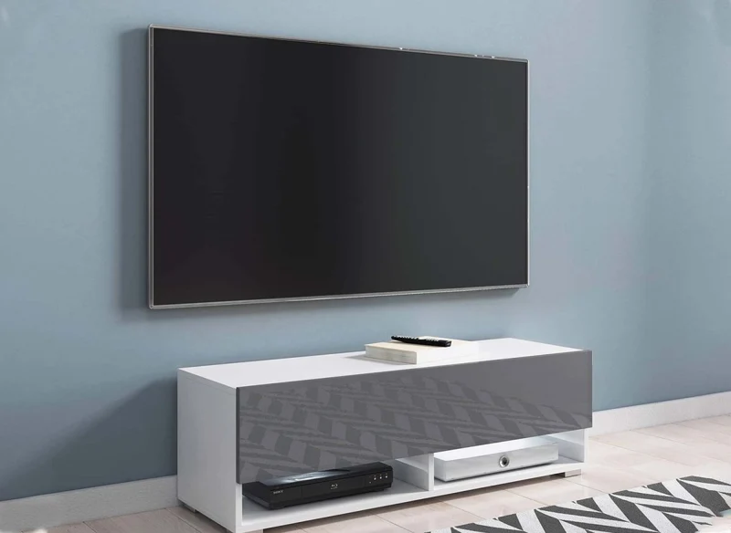 Meuble TV suspendu 1 porte 2 niches blanc et gris ROMANE - 100 cm