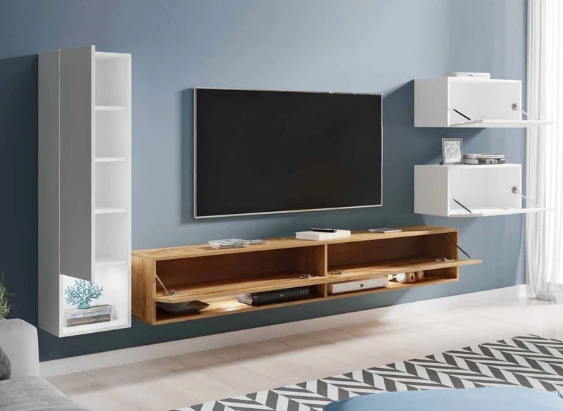 Meuble TV contemporain chêne et blanc laqué avec LED - AMANDA
