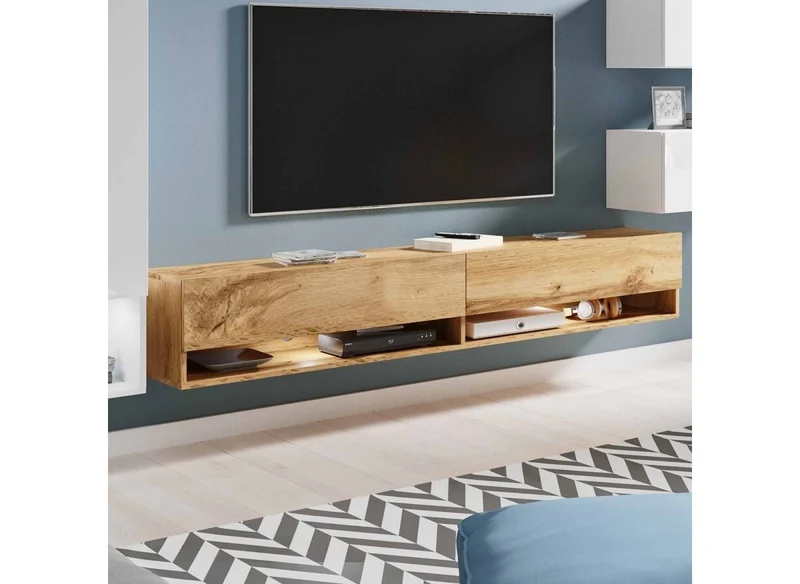 Meuble TV contemporain chêne et blanc laqué avec LED - AMANDA
