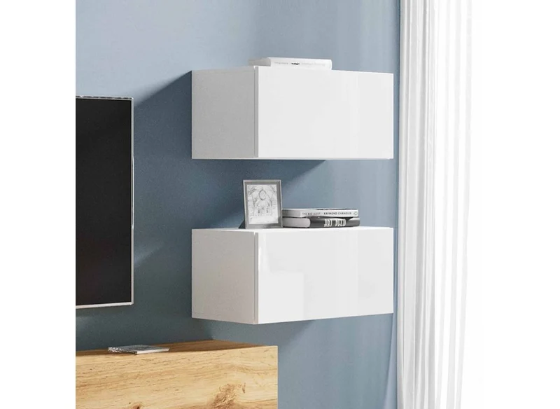 Meuble TV contemporain chêne et blanc laqué avec LED - AMANDA