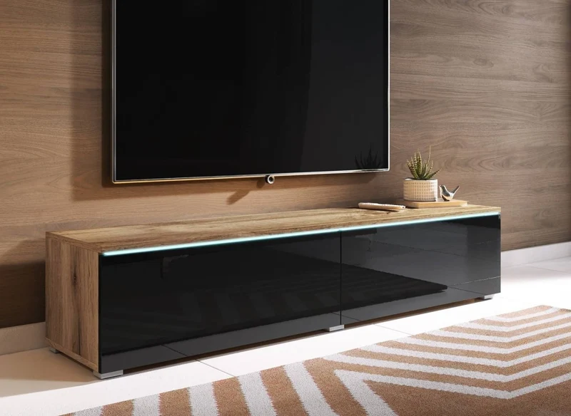 Meuble TV chêne vieilli et noir laqué avec LED 2 portes MALORIE- 180 cm
