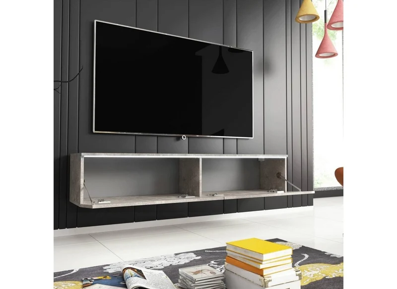 Meuble TV contemporain gris béton avec LED 2 portes MALORIE - 180 cm