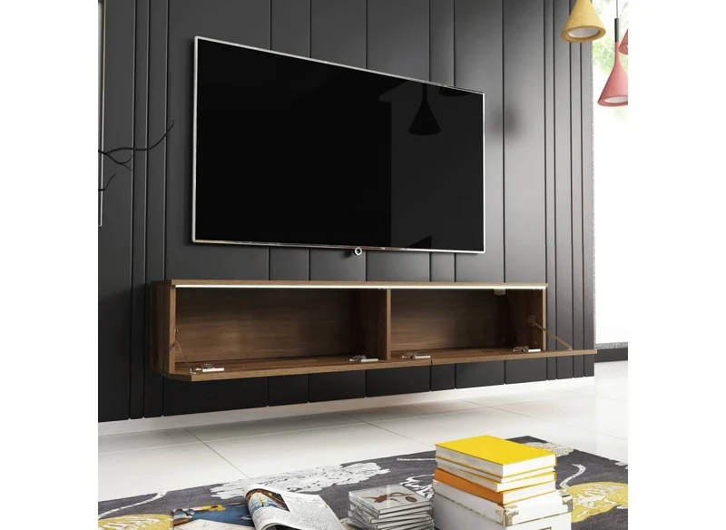 Meuble TV contemporain en chêne avec LED 2 portes MALORIE - 180 cm