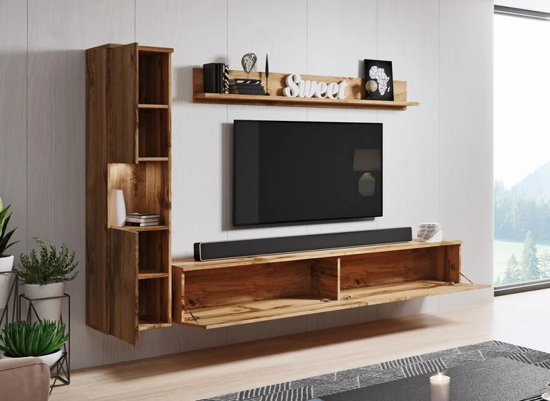 Meuble TV contemporain chêne avec LED-ELIOTE