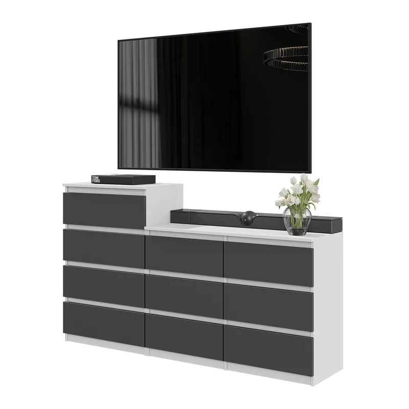 GABRIEL - Commode 10 Tiroirs (6+4) - H92/70 cm L160 cm P33 cm (Blanc Mat / Anthracite)