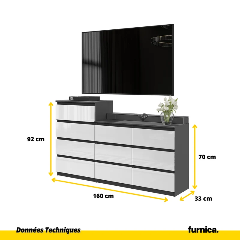 GABRIEL - Commode 10 Tiroirs (6+4) - H92/70 cm L160 cm P33 cm (Anthracite / Blanc Brillant)