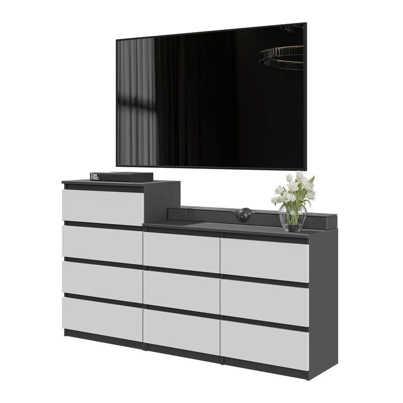 GABRIEL - Commode 10 Tiroirs (6+4) - H92/70 cm L160 cm P33 cm (Anthracite / Blanc Mat)