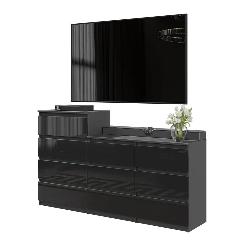 GABRIEL - Commode 10 Tiroirs (6+4) - H92/70 cm L160 cm P33 cm (Anthracite / Noir Brillant)