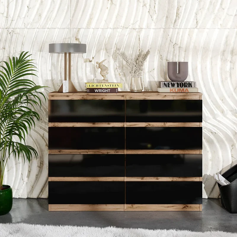 GABRIEL - Commode 8 Tiroirs - Buffet de Chevet - H92 cm L120 cm P33 cm (Chêne Wotan / Noir Brillant)