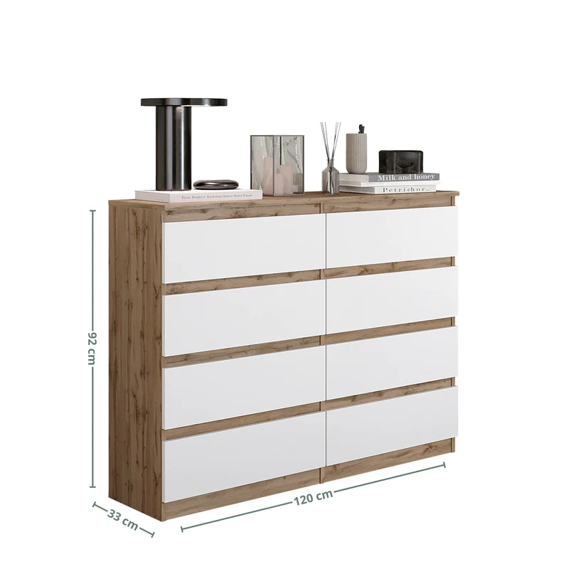 GABRIEL - Commode 8 Tiroirs - Buffet de Chevet - H92 cm L120 cm P33 cm (Chêne Wotan / Blanc Mat)