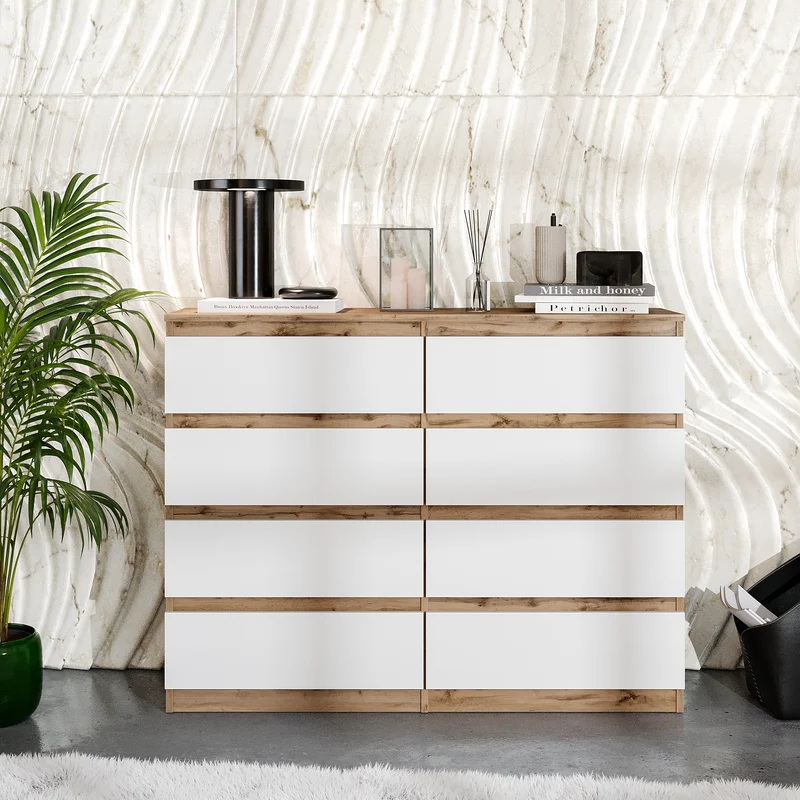 GABRIEL - Commode 8 Tiroirs - Buffet de Chevet - H92 cm L120 cm P33 cm (Chêne Wotan / Blanc Mat)