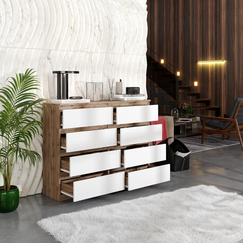 GABRIEL - Commode 8 Tiroirs - Buffet de Chevet - H92 cm L120 cm P33 cm (Chêne Wotan / Blanc Mat)