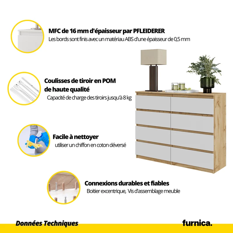 GABRIEL - Commode 8 Tiroirs - Buffet de Chevet - H92 cm L120 cm P33 cm (Chêne Wotan / Blanc Mat)