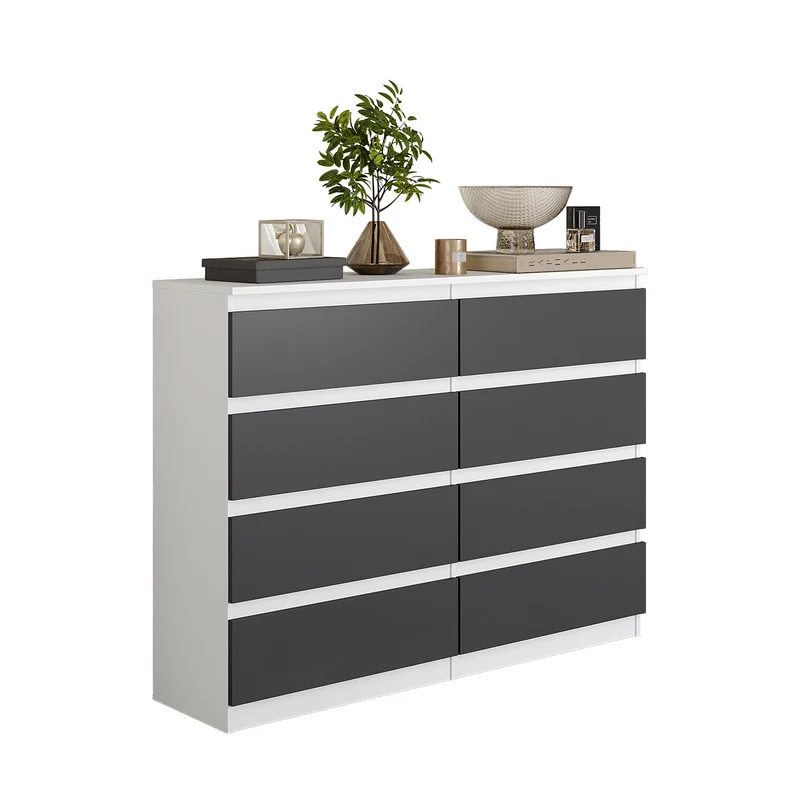 GABRIEL - Commode 8 Tiroirs - Buffet de Chevet - H92 cm L120 cm P33 cm (Blanc Mat / Anthracite)