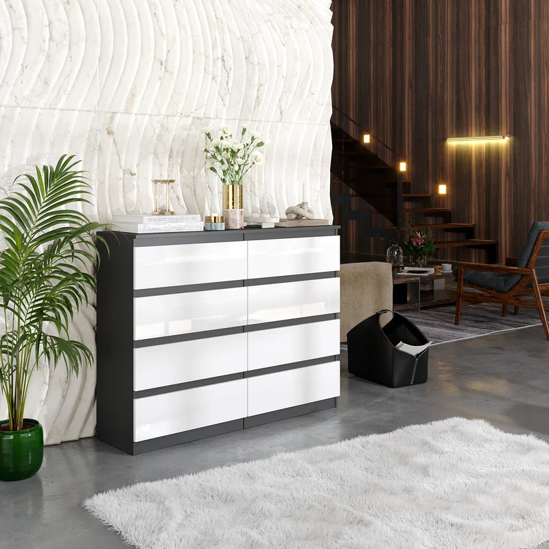 GABRIEL - Commode 8 Tiroirs - Buffet de Chevet - H92 cm L120 cm P33 cm (Anthracite / Blanc Brillant)