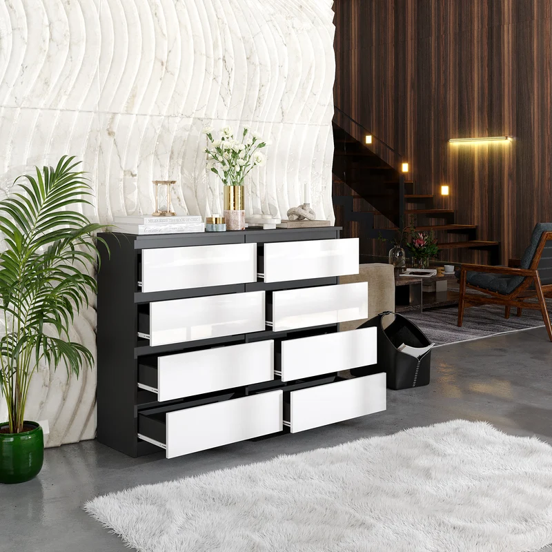 GABRIEL - Commode 8 Tiroirs - Buffet de Chevet - H92 cm L120 cm P33 cm (Anthracite / Blanc Brillant)
