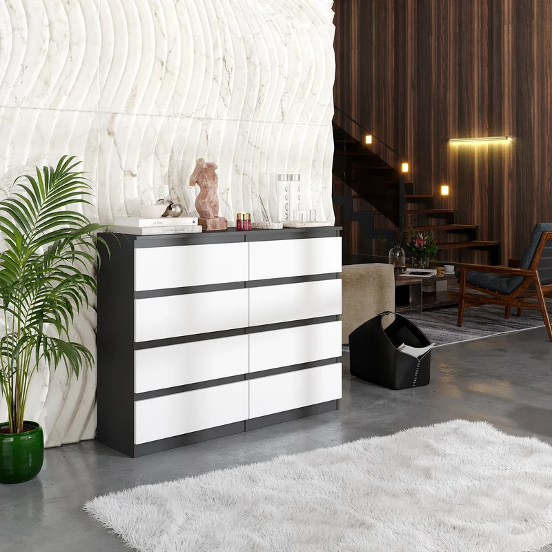 GABRIEL - Commode 8 Tiroirs - Buffet de Chevet - H92 cm L120 cm P33 cm (Anthracite / Blanc Mat)