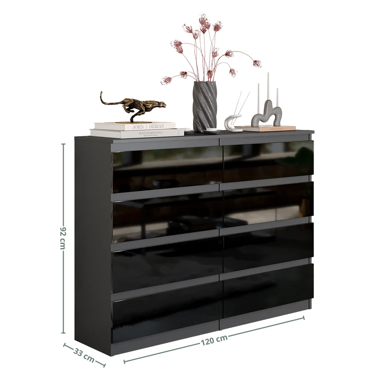 GABRIEL - Commode 8 Tiroirs - Buffet de Chevet - H92 cm L120 cm P33 cm (Anthracite / Noir Brillant)