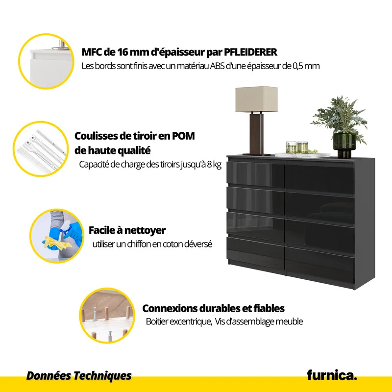 GABRIEL - Commode 8 Tiroirs - Buffet de Chevet - H92 cm L120 cm P33 cm (Anthracite / Noir Brillant)