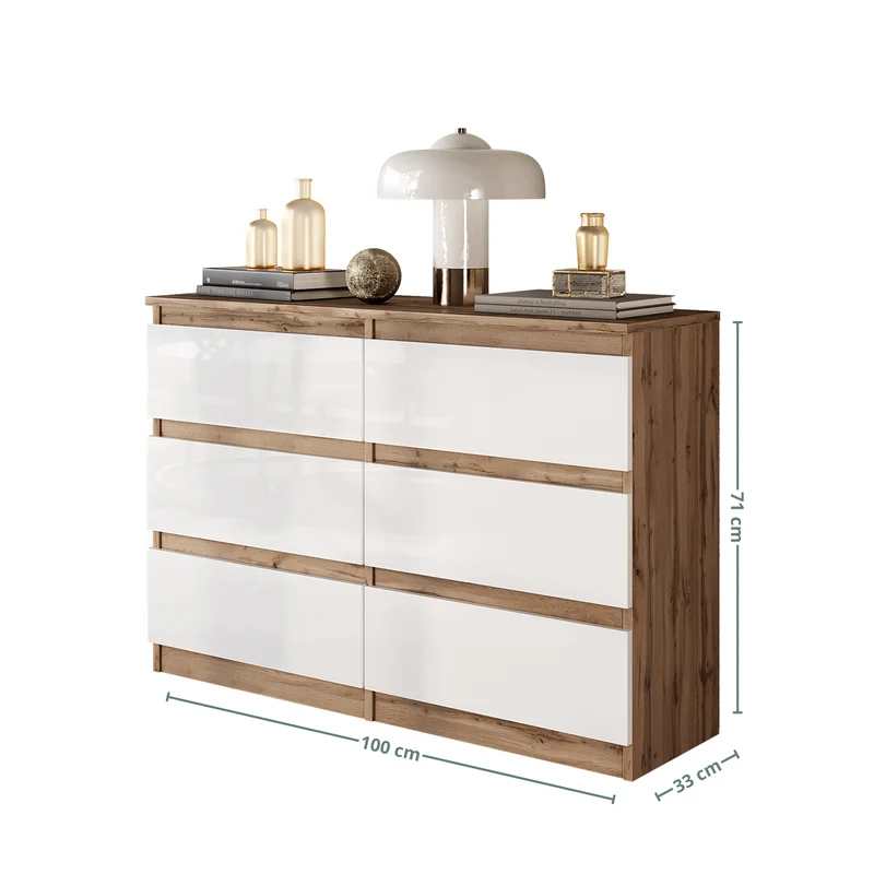 GABRIEL - Commode 6 Tiroirs - Buffet de Chevet - H71 cm L100 cm P33 cm (Chêne Wotan / Blanc Brillant)