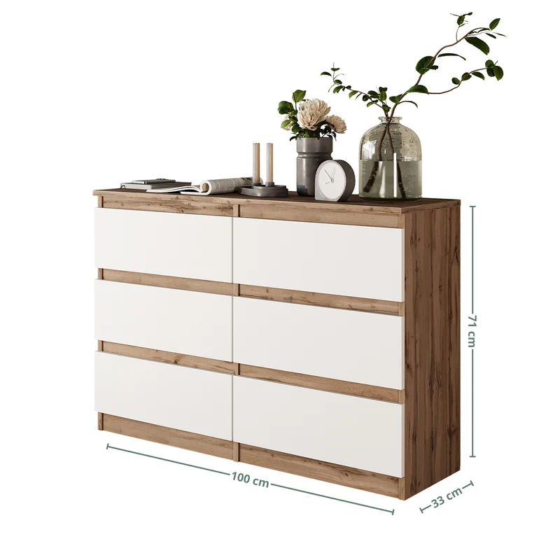 GABRIEL - Commode 6 Tiroirs - Buffet de Chevet - H71 cm L100 cm P33 cm (Chêne Wotan / Blanc Mat)
