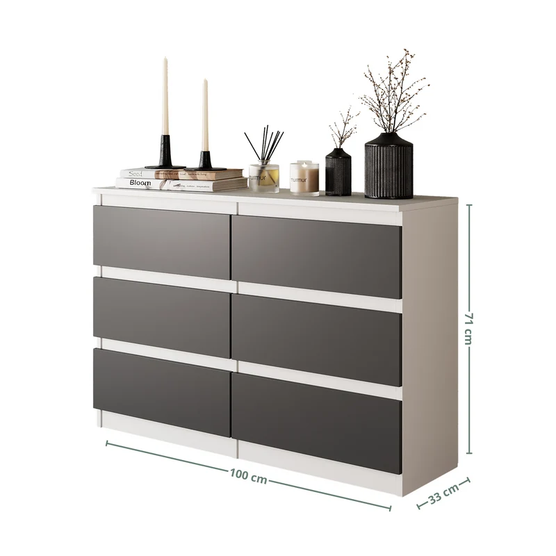 GABRIEL - Commode 6 Tiroirs - Buffet de Chevet - H71 cm L100 cm P33 cm (Blanc Mat / Anthracite)