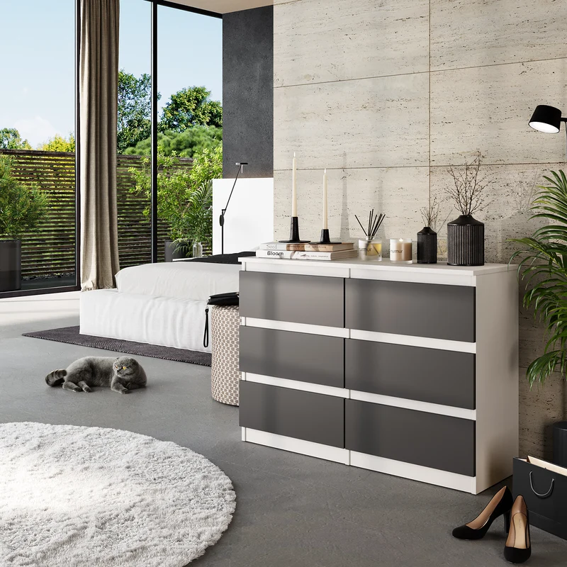 GABRIEL - Commode 6 Tiroirs - Buffet de Chevet - H71 cm L100 cm P33 cm (Blanc Mat / Anthracite)