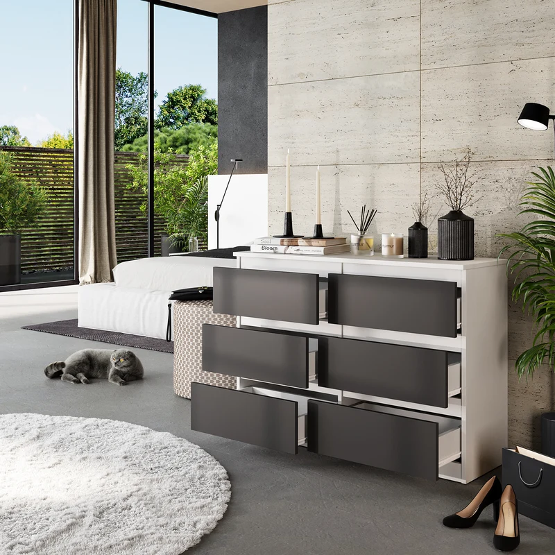 GABRIEL - Commode 6 Tiroirs - Buffet de Chevet - H71 cm L100 cm P33 cm (Blanc Mat / Anthracite)