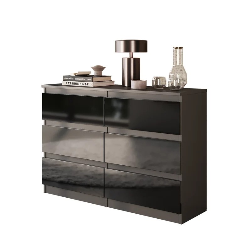 GABRIEL - Commode 6 Tiroirs - Buffet de Chevet - H71 cm L100 cm P33 cm (Anthracite / Noir Brillant)