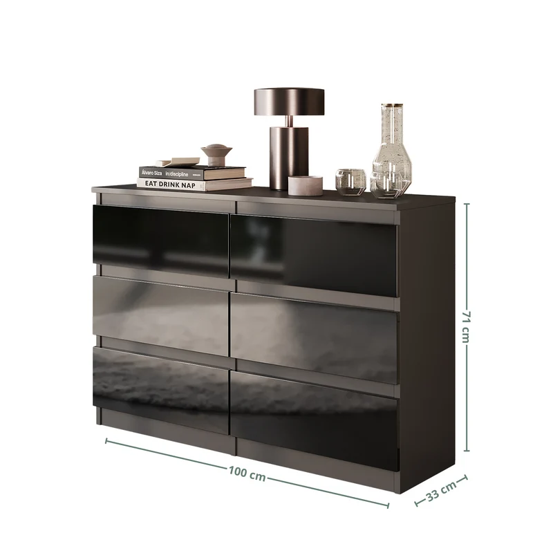 GABRIEL - Commode 6 Tiroirs - Buffet de Chevet - H71 cm L100 cm P33 cm (Anthracite / Noir Brillant)