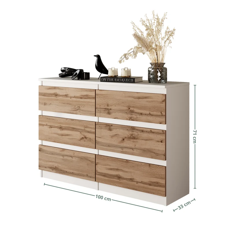 GABRIEL - Commode 6 Tiroirs - Buffet de Chevet - H71 cm L100 cm P33 cm (Blanc Mat / Chêne Wotan)