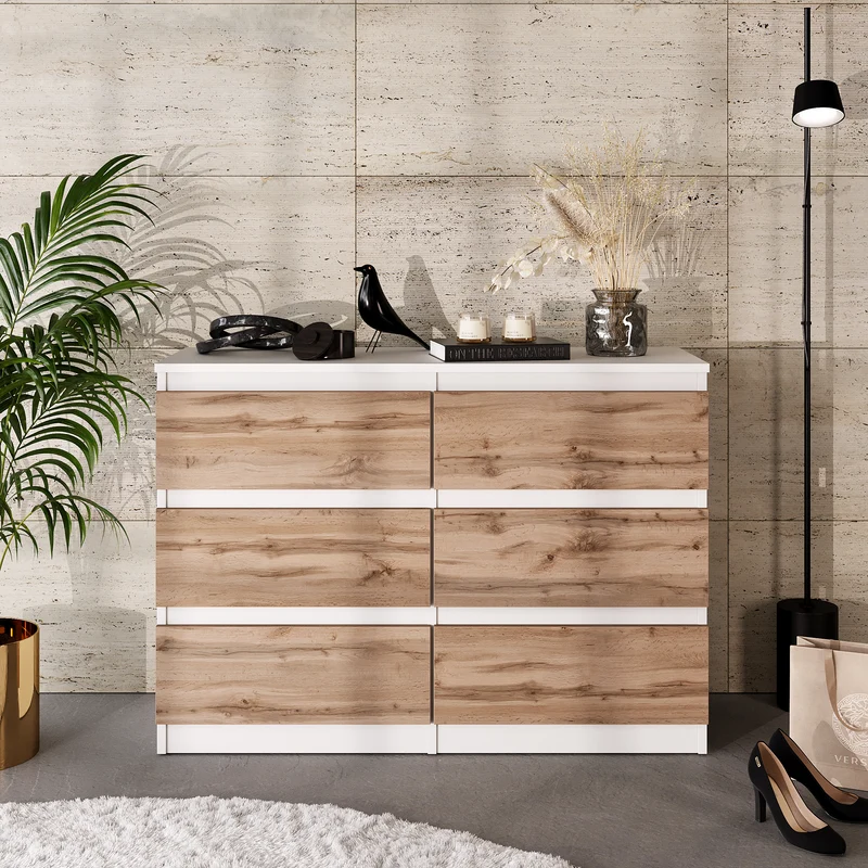 GABRIEL - Commode 6 Tiroirs - Buffet de Chevet - H71 cm L100 cm P33 cm (Blanc Mat / Chêne Wotan)