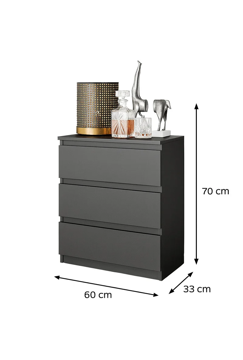 GABRIEL - Commode / Table de Chevet - 3 Tiroirs – Anthracite – H72cm L60cm P33cm