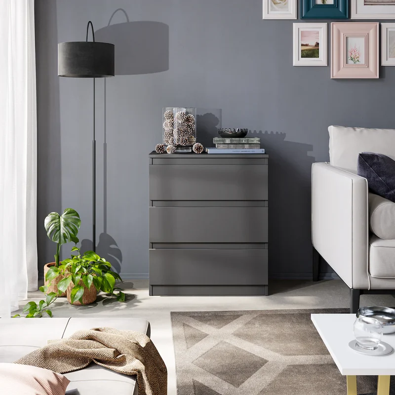 GABRIEL - Commode / Table de Chevet - 3 Tiroirs – Anthracite – H72cm L60cm P33cm
