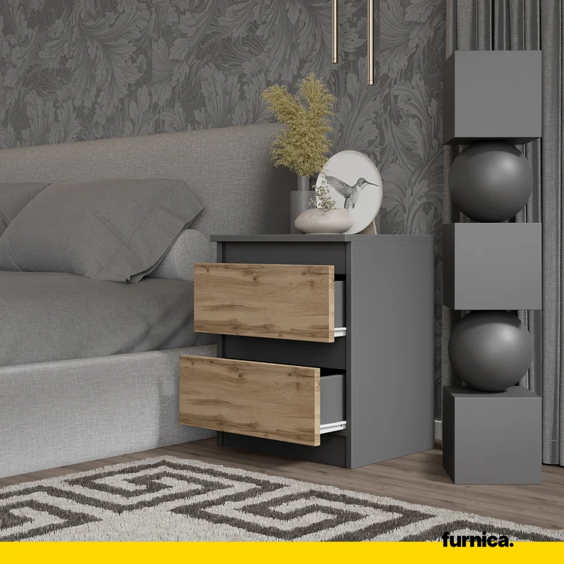 GABRIEL BIG - 2x Table de Chevet - Table de Nuit - 2 Tiroirs - H50cm L41cm P33cm - Anthracite / Chêne Wotan