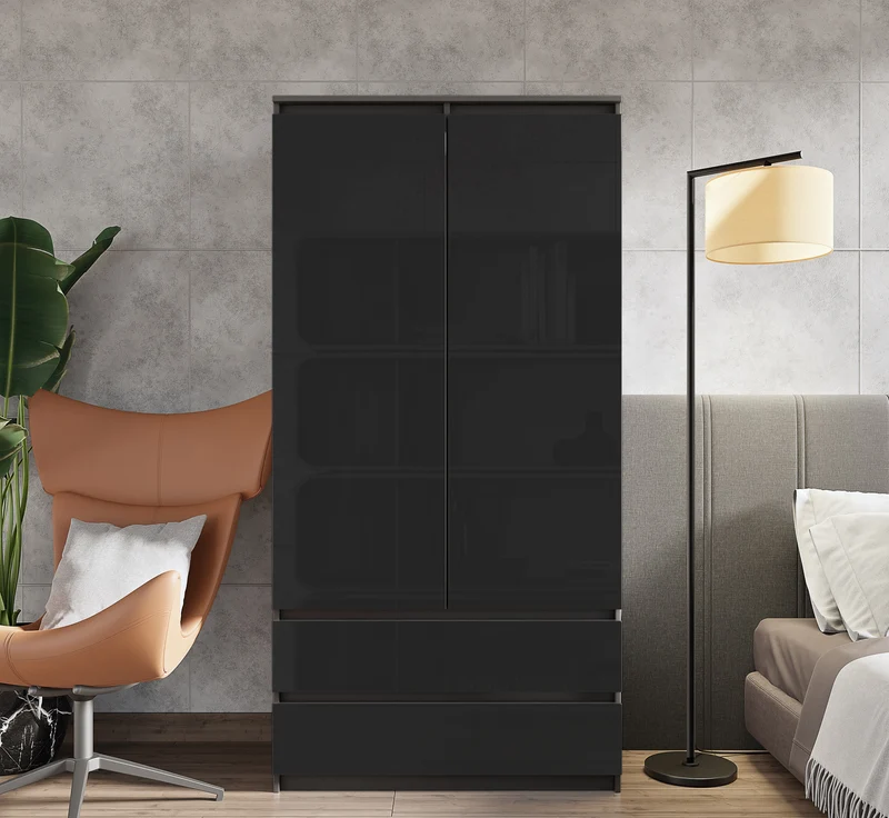 JOELLE - Armoire 2 Portes avec 2 Tiroirs - Anthracite / Noir Brillant H180cm L90cm P50cm