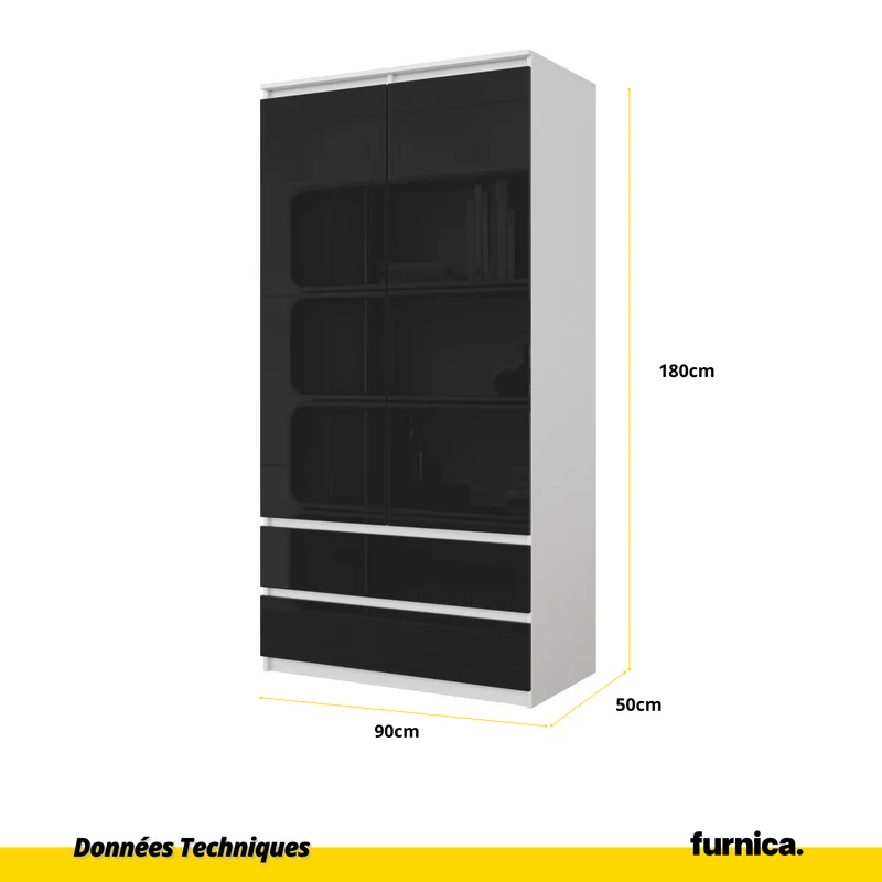 JOELLE - Armoire 2 Portes avec 2 Tiroirs - Blanc Mat / Noir Brillant H180cm L90cm P50cm