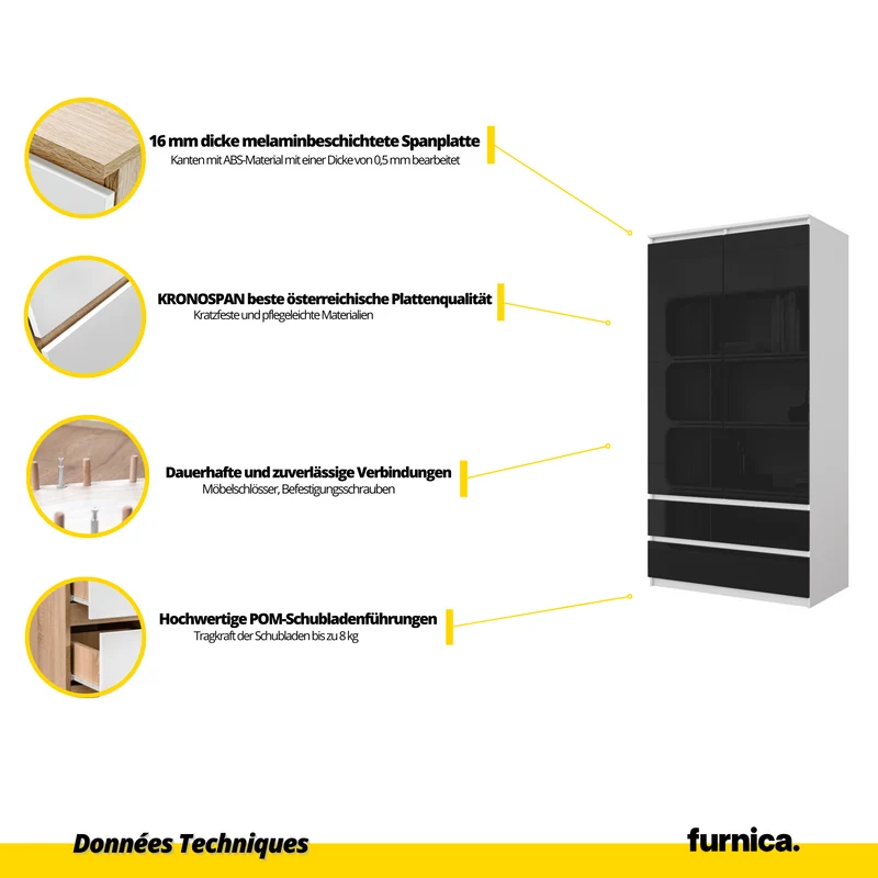 JOELLE - Armoire 2 Portes avec 2 Tiroirs - Blanc Mat / Noir Brillant H180cm L90cm P50cm