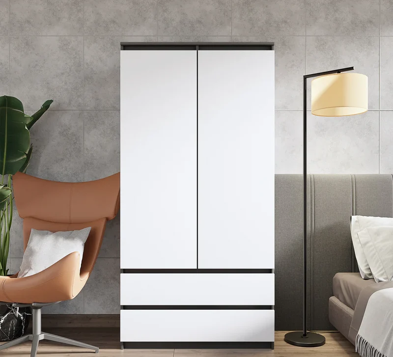 JOELLE - Armoire 2 Portes avec 2 Tiroirs - Anthracite / Blanc Mat H180cm L90cm P50cm