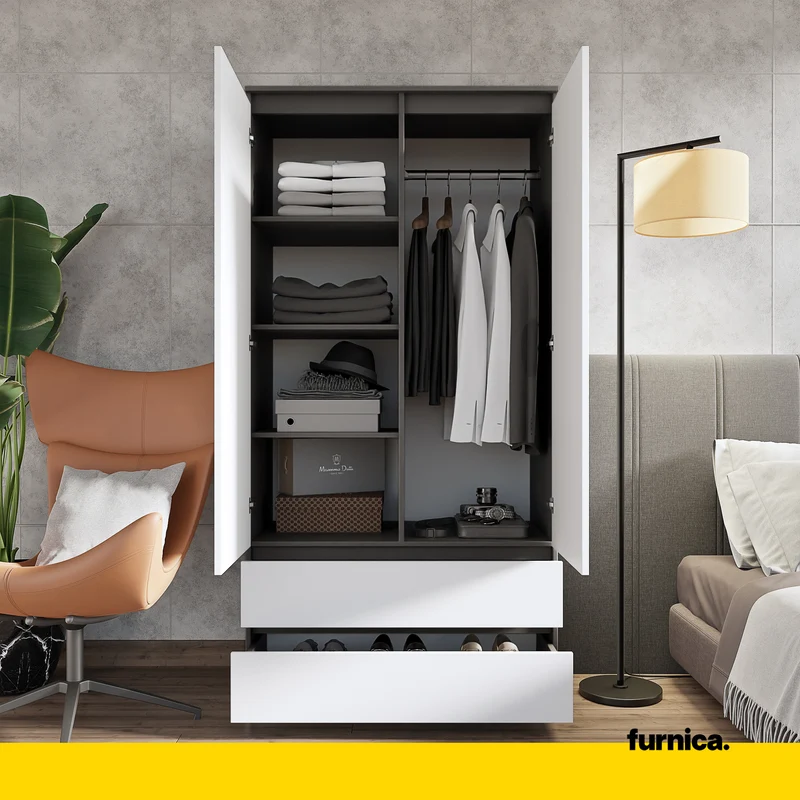 JOELLE - Armoire 2 Portes avec 2 Tiroirs - Anthracite / Blanc Mat H180cm L90cm P50cm
